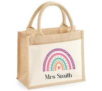 Personalised Name Cotton Pocket Rainbow Printed Jute Shopper Bag - Eco-Friendly Custom Tote Bag with Name and Cotton Canvas, Durable Handles - Ideal for Shopping, Work and Travel,(Natural, L)