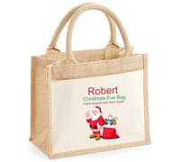 Personalised Name Cotton Pocket Santa Christmas Printed Jute Shopper Bag - Eco-Friendly Custom Tote Bag with Name and Cotton Canvas, Durable Handles - Ideal for Shopping, Work and Travel,(Natural, L)