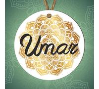 Personalised Name Eid and Ramadan Hanging Decoration Custom Family Islamic Decorations for Eid Mubarak Ramadan Mubarak Islamic Home Décor Baubles (Gold Damask, MDF Wood White Background)
