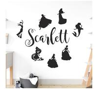 Personalised Name Girls Wall Art Sticker - Disney Princesses - Elsa, Anna, Rapunzel, Ariel, Aurora, Belle, Cinderella [Large] [Black]
