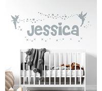 Personalised Name Girls Wall Art Sticker - Fairies Fairy Disney Tinkerbell and Stars [Medium] [Silver]