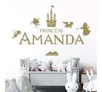 Personalised Name Girls Wall Art Sticker - Princess Castle Dragon Knight Magic Tale Wizard [Large] [Gold]