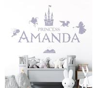 Personalised Name Girls Wall Art Sticker - Princess Castle Dragon Knight Magic Tale Wizard [Large] [Light Grey]
