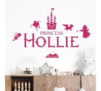 Personalised Name Girls Wall Art Sticker - Princess Castle Dragon Knight Magic Tale Wizard [Large] [Poppy]