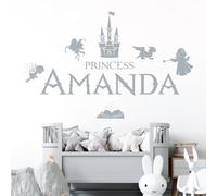Personalised Name Girls Wall Art Sticker - Princess Castle Dragon Knight Magic Tale Wizard [Large] [Silver]