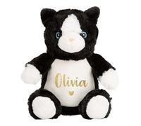 Personalised Name Heart Black & White Cat Plush Cuddly Toy - Kids & Babies Teddy Bear Keepsake Gift (Gold Glitter glitter)