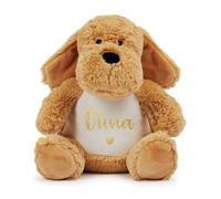 Personalised Name Heart Brown Dog Plush Cuddly Toy - Kids & Babies Teddy Bear Keepsake Gift (Gold Glitter print)