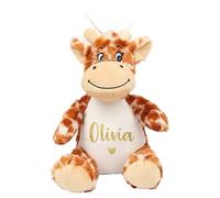 Personalised Name Heart Brown Giraffe Plush Cuddly Toy - Kids & Babies Teddy Bear Keepsake Gift (Gold Glitter print)