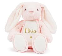 Personalised Name Heart Pink Bunny Rabbit Plush Cuddly Toy - Kids & Babies Teddy Bear Keepsake Gift (Gold Glitter print)