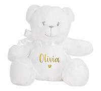 Personalised Name Heart White Teddy Bear Plush Cuddly Toy - Kids & Babies Teddy Bear Keepsake Gift (Gold Glitter print)
