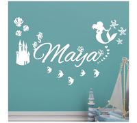 Personalised Name - Little Mermaid Inspired, Ocean, Castle, Starfish - Children's Bedroom Vinyl Wall Decal Sticker [Medium] [White]