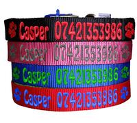 Personalised Name & Phone Number Strong Nylon Dog Collars. Pink, Blue, Red, Black. FREE Embroidered Personalisation. ID Collar. (14 Inch (XS))