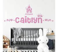Personalised Name - Princess Castle, Crown, Floral - Girls Bedroom Vinyl Wall Decal Sticker [Large] [Pink]