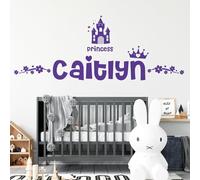 Personalised Name - Princess Castle, Crown, Floral - Girls Bedroom Vinyl Wall Decal Sticker [Large] [Purple]