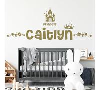 Personalised Name - Princess Castle, Crown, Floral - Girls Bedroom Vinyl Wall Decal Sticker [Medium] [Gold]