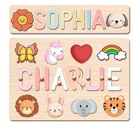 Personalised Name Puzzle-Wooden Puzzles for 1 Year Old-Baby Girl Toys with Animal Elements and Stand-1st Birthday Gifts (For Girls)