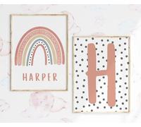 Personalised Name Rainbow Set of 2 Unframed Prints Polka Dot, Girls Nursery Decor Wall Art, Playroom Poster, Girls Bedroom Prints, Red Pink Coral Nursery (A4)