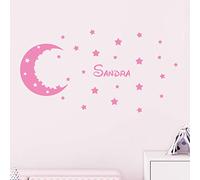 Personalised Name Stickers | Moon and Stars Wall Sticker - Children's Room Wall Decoration | 2 Sheets of 30 x 30 cm and 40 x 25 cm - Pink