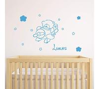 Personalised Name Stickers | Teddy Bear in the Plane Sticker - Children's Room Wall Decoration | 2 Sheets of 30 x 30 cm and 40 x 25 cm - Ice Blue