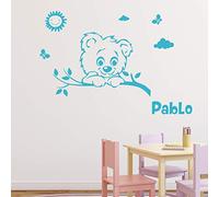 Personalised Name Stickers | Teddy Bear Wall Sticker - Children's Room Wall Decoration | 2 Sheets of 30 x 40 cm and 45 x 30 cm - Sky Blue