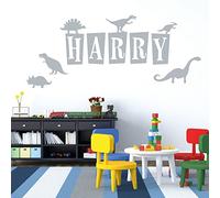 Personalised Name Wall Art Sticker - Dinosaurs World, Dinos, T-Rex, Apatosaurus, Jurassic Era, Park [Silver]