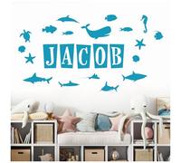 Personalised Name Wall Art Sticker - Ocean Theme, Shark, Fish, Dolphin, Sea Stars [Large] [Sky]