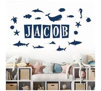 Personalised Name Wall Art Sticker - Ocean Theme, Shark, Fish, Dolphin, Sea Stars [Large] [Ultramarine]