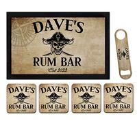 Personalised Name's Rum Bar Runner Mat Matching Set Bar Blade Bottle Opener & 4 Coasters Custom Name Beer Gifts For Pubs Home Bar Novelty Accessories For Dad Father's Day Mens Man Cave
