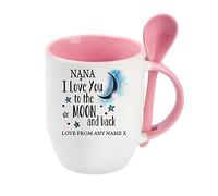Personalised Nana I Love You to The Moon & Back Coffee Tea Cocoa Soup Daily use Mug Valentine's Day Birthday Party gage Keepsake Unique Ceramic Cup Mug. (Pink Spoon)