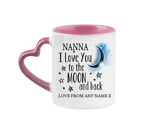 Personalised Nanna I Love You to The Moon & Back Coffee Tea Cocoa Soup Daily use Mug Valentine's Day Birthday Party gage Keepsake Unique Ceramic Cup Mug. (Pink Heart Handle)