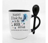 Personalised Nanny I Love You to The Moon & Back Coffee Tea Cocoa Soup Daily use Mug Valentine's Day Birthday Party gage Keepsake Unique Ceramic Cup Mug. (Black Spoon)
