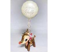 Personalised Naughty Elf Arrival Inflated Cream I'm Back Christmas Helium Balloon with Reindeer Centrepiece (GIRL ELF)
