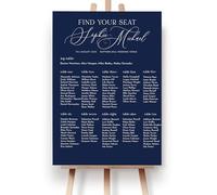 Personalised Navy Blue Wedding Seating Plan - Dark Blue Table Chart - Elegant Script Wedding Reception Sign Board, A3, A2, A1, Premium Foamboard