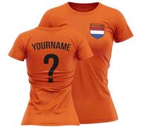 Personalised Netherlands Badge Womens T Shirt Name and Number Tee Dutchland Football Dutch Nation Top, L, Orange