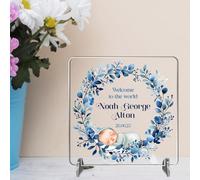 Personalised New Baby Boy Welcome to the World Freestanding Square Plaque MDF Wood or Acrylic - Custom Babies Name & Date Arrival Gift For New Parents (Design 3, Acrylic)
