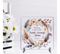 Personalised New Baby Boy Welcome to the World Freestanding Square Plaque MDF Wood or Acrylic - Custom Babies Name & Date Arrival Gift For New Parents (Design 6, Acrylic)