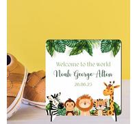 Personalised New Baby Boy Welcome to the World Freestanding Square Plaque MDF Wood or Acrylic - Custom Babies Name & Date Arrival Gift For New Parents (Design 8, MDF Wood)