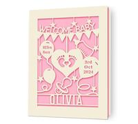 Personalised New Baby Card Custom New Baby Cards Gifts with Any Weight & Date Laser Paper Cut Cards with Envelopes for Girl Boy Newborn Son Daughter Nephew Niece Grandson(Pink)