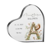 Personalised New Baby Gift Heart-Shaped Acrylic Plaque, Woodland Alphabet Design, Custom Keepsake with Name and Birth Details