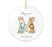 Personalised New Baby Keepsake Nursery Ornament with Safari Animals Alphabet Design, 7.5cm Diameter