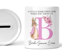 Personalised New Baby Money Box, Custom Name Gift, Baby's Piggy Bank, Flopsy Rabbit, Christening, Baby Girls, Boys, Baptism, Keepsake (PINK)