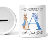 Personalised New Baby Money Box, Custom Name Gift, Baby's Piggy Bank, Flopsy Rabbit, Christening, Baby Girls, Boys, Baptism, Keepsake (BLUE)