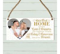 Personalised New Home Plaque - Custom First Home Sign with Photo and Message, Wall Hanging for New Homeowners. (Mdf Wood Indoor Use Only 19cm x 9cm, Gold)