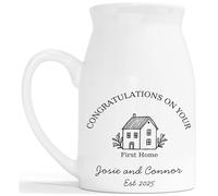 Personalised New House Flower Vase Jug - Hand Drawn First Home Gift Flower Holder Pot - Housewarming Moving in Holiday Retirment Second Couple Friend Daughter Son - White Ceramic Holds 450ml