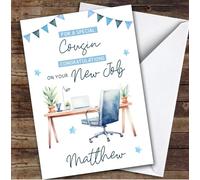 Personalised New Job Card For Cousin Desk Job Blue | Personalized Custom Unique Greetings Card For New Job Any Text Inside & Out