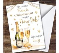 Personalised New Job Card For Fiancee Champagne Flute Gold | Custom Greetings Card For New Job Any Text Inside & Out