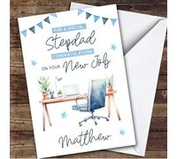 Personalised New Job Card For Stepdad Desk Job Blue | Personalized Custom Unique Greetings Card For New Job Any Text Inside & Out