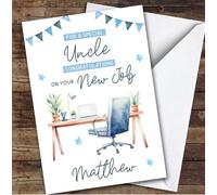 Personalised New Job Card For Uncle Desk Job Blue | Custom Greetings Card For New Job Any Text Inside & Out
