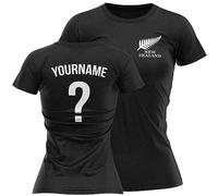 Personalised New Zealand Womens T Shirt Name and Number Rugby Tee Top Her, M, Black