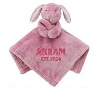 Personalised Newborn Baby Boys Girls Toy Comforter Blankets Elephant, Bunny, Giraffe, Zebra Teddy Embroidered Name | Gift Toy Comforter (Dusky Pink Bunny)